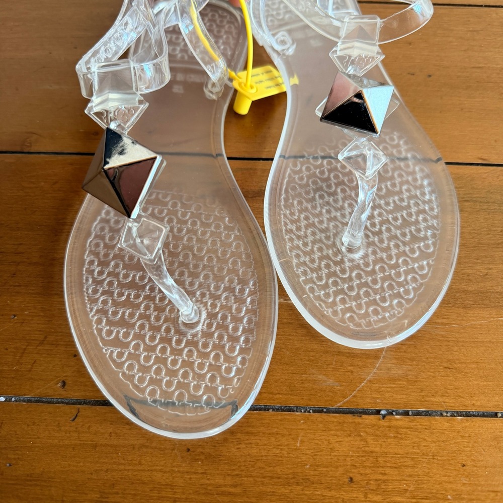 Clear Jelly Thong Sandals with Metallic Pyramid Stud‎ T-Strap Flat Size 37